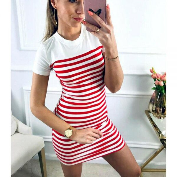 The Best Women Crew Neck Striped Short Sleeve Slim Fit T-shirt Dress Summer Ladies Casual Bodycon Mini Dresses Sundress Online - Takalr