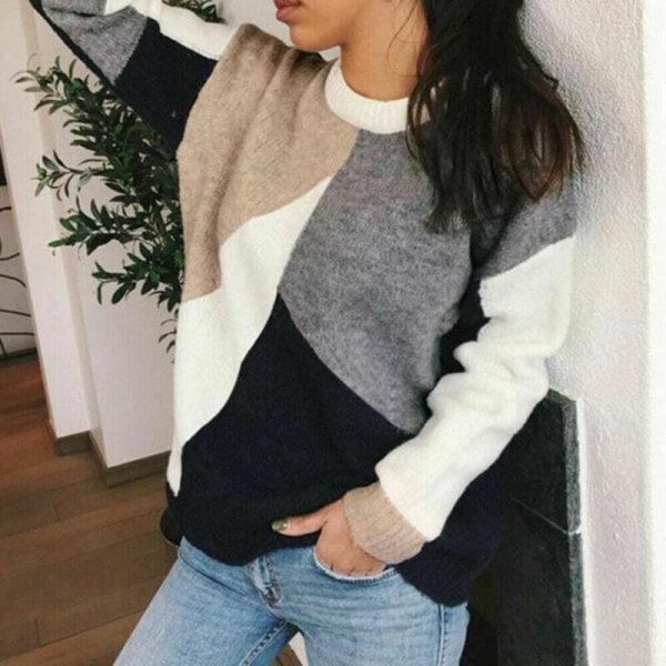 The Best Women Crew Neck Winter Knitted Sweater Ladies Loose Warm Pullover Jumper Tops Patchwork Long Sleeve Causual Sweaters Online - Takalr