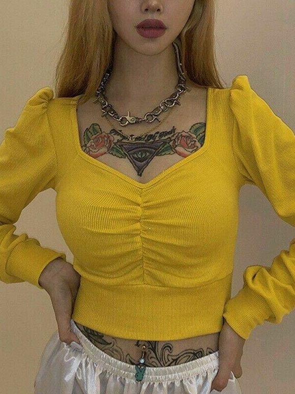 The Best Women Crop Top Slim Fit Knitted V Neck Long Sleeve Pleated T-shirt Fashion Ladies Girl T-shirts Streetwear Online - Takalr