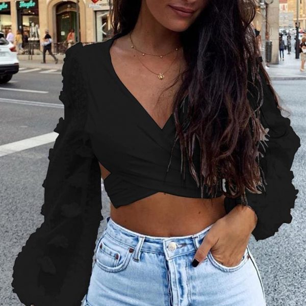 The Best Women Deep V Neck Backless Shirts Crop Tops Autumn Ladies Bandage Slim Fit Party Wrap Casual Blouse Tee Online - Takalr