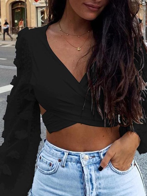 The Best Women Deep V Neck Backless Shirts Crop Tops Autumn Ladies Bandage Slim Fit Party Wrap Casual Blouse Tee Online - Takalr