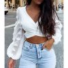 The Best Women Deep V Neck Backless Shirts Crop Tops Autumn Ladies Bandage Slim Fit Party Wrap Casual Blouse Tee Online - Takalr