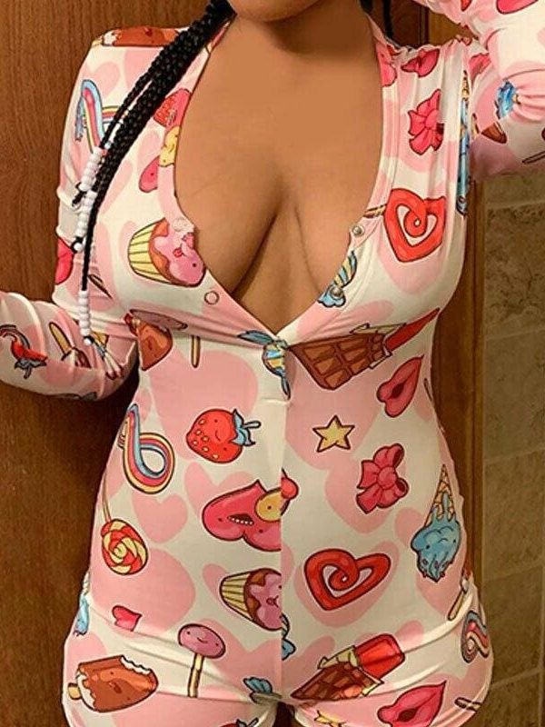 The Best Women Deep V-neck Bodycon Sleepwear Jumpsuit Bodysuit Shorts Romper Bodysuit Leotard Long Sleeve Print Button Bodysuit New Online - Takalr