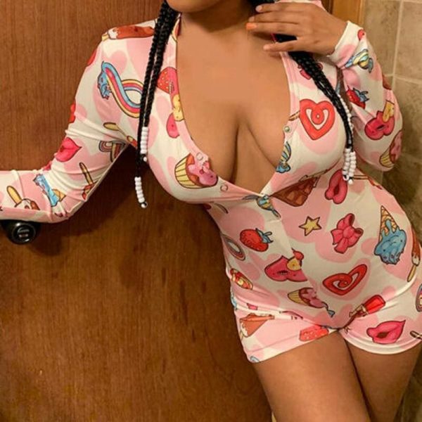 The Best Women Deep V-neck Bodycon Sleepwear Jumpsuit Bodysuit Shorts Romper Bodysuit Leotard Long Sleeve Print Button Bodysuit New Online - Takalr