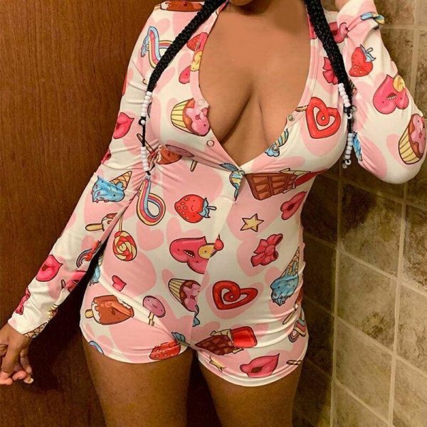 The Best Women Deep V-neck Bodycon Sleepwear Jumpsuit Bodysuit Shorts Romper Bodysuit Leotard Long Sleeve Print Button Bodysuit New Online - Takalr