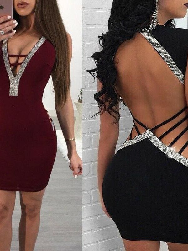 The Best Women Deep V- Neck Sequin Bandage Bodycon Dress Summer Sexy Ladies Backless Party Short Slim Fit Mini Dresses Online - Takalr