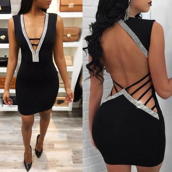 The Best Women Deep V- Neck Sequin Bandage Bodycon Dress Summer Sexy Ladies Backless Party Short Slim Fit Mini Dresses Online - Takalr