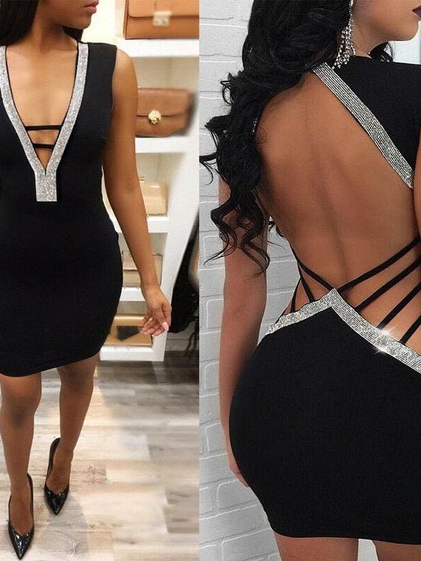 The Best Women Deep V- Neck Sequin Bandage Bodycon Dress Summer Sexy Ladies Backless Party Short Slim Fit Mini Dresses Online - Takalr