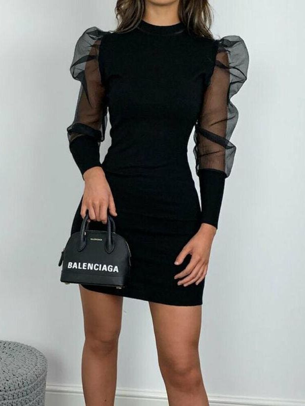 The Best Women Dress Casual Long Puff Mesh Sleeve Dresses Sheer Mini Bodycon Party Dress Knitted Clothes Autumn Winter Ladies Dresses Online - Takalr