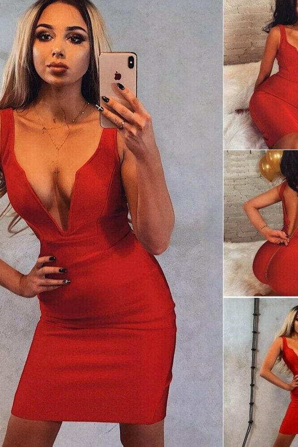 The Best Women Dress Ladies Deep V-neck Sleeveless Bandage Bodycon Evening Party Club Short Mini Dress Online - Takalr