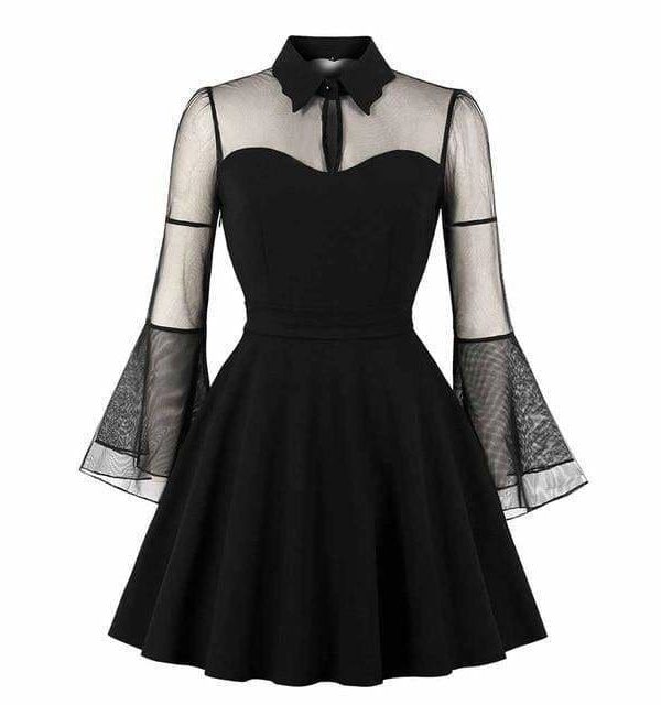 The Best Women Dress Mesh Patchwork See-Through Flare Sleeve Plus Size Online - Source Silk