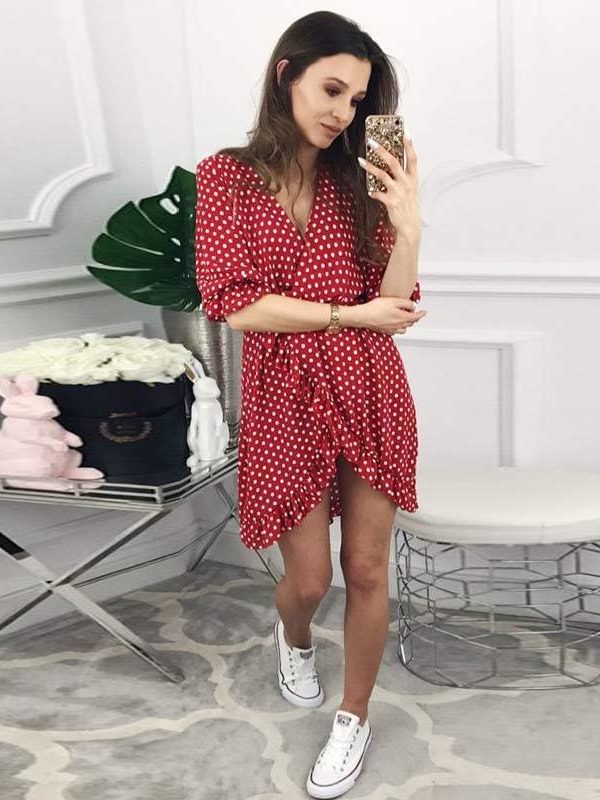 The Best Women Dress Ruffles Print Polka Dot Female Half Sleeve Mini Dresses Online - Source Silk