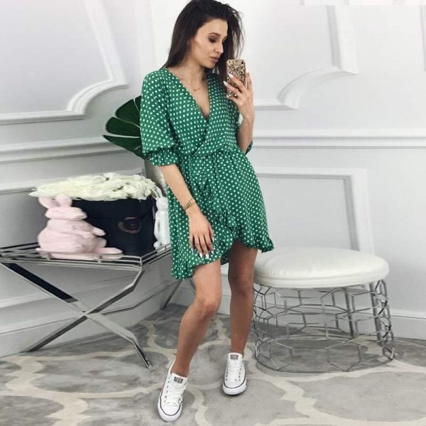 The Best Women Dress Ruffles Print Polka Dot Female Half Sleeve Mini Dresses Online - Source Silk