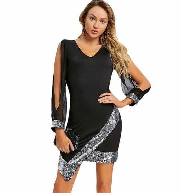 The Best Women Dress Sequined Chiffon V-Neck Knee-Length Bodycon Online - Source Silk