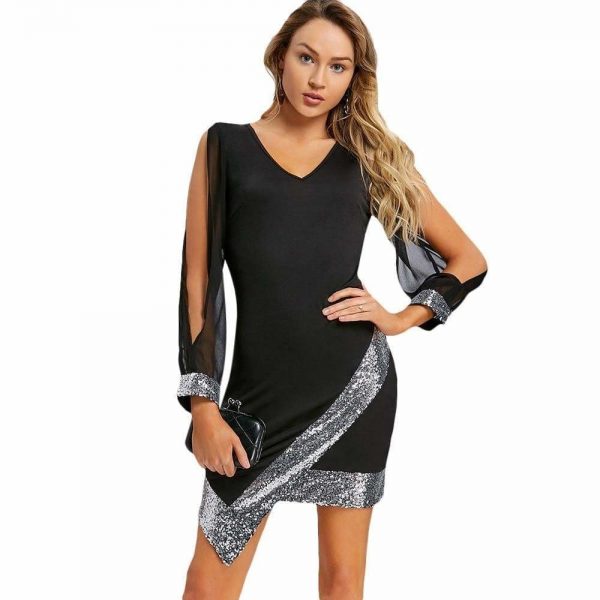 The Best Women Dress Sequined Chiffon V-Neck Knee-Length Bodycon Online - Source Silk