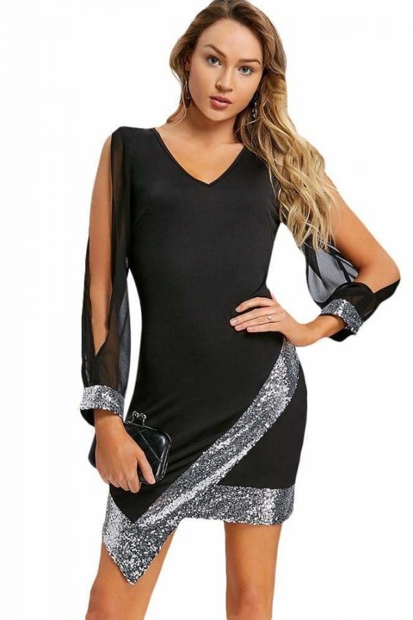 The Best Women Dress Sequined Chiffon V-Neck Knee-Length Bodycon Online - Source Silk