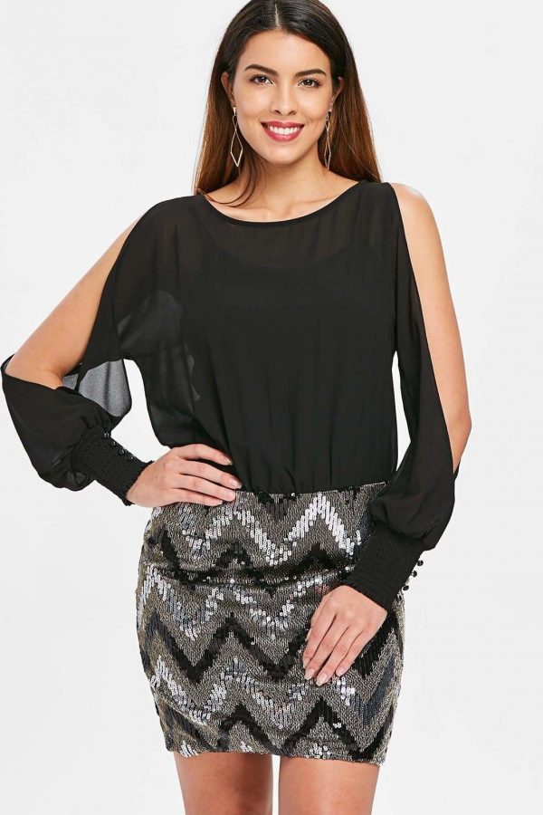 The Best Women Dress Sequined Chiffon V-Neck Knee-Length Bodycon Online - Source Silk