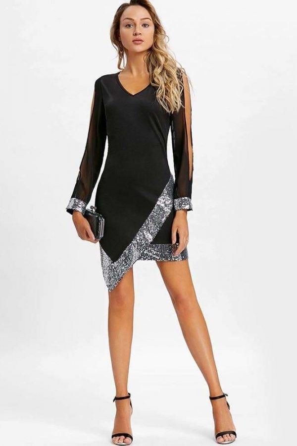 The Best Women Dress Sequined Chiffon V-Neck Knee-Length Bodycon Online - Source Silk