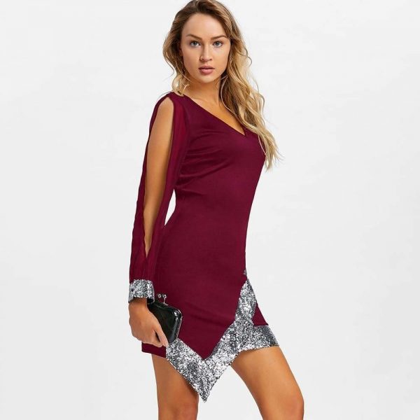 The Best Women Dress Sequined Chiffon V-Neck Knee-Length Bodycon Online - Source Silk