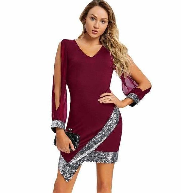 The Best Women Dress Sequined Chiffon V-Neck Knee-Length Bodycon Online - Source Silk