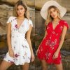 The Best Women Dress Short Sleeve Floral Printed Chiffon Lace Up Deep V-neck Casual Beach Dress Summer Fashion Dress For Women Online - Takalr