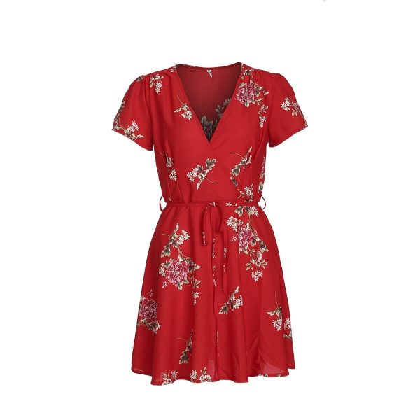 The Best Women Dress Short Sleeve Floral Printed Chiffon Lace Up Deep V-neck Casual Beach Dress Summer Fashion Dress For Women Online - Takalr