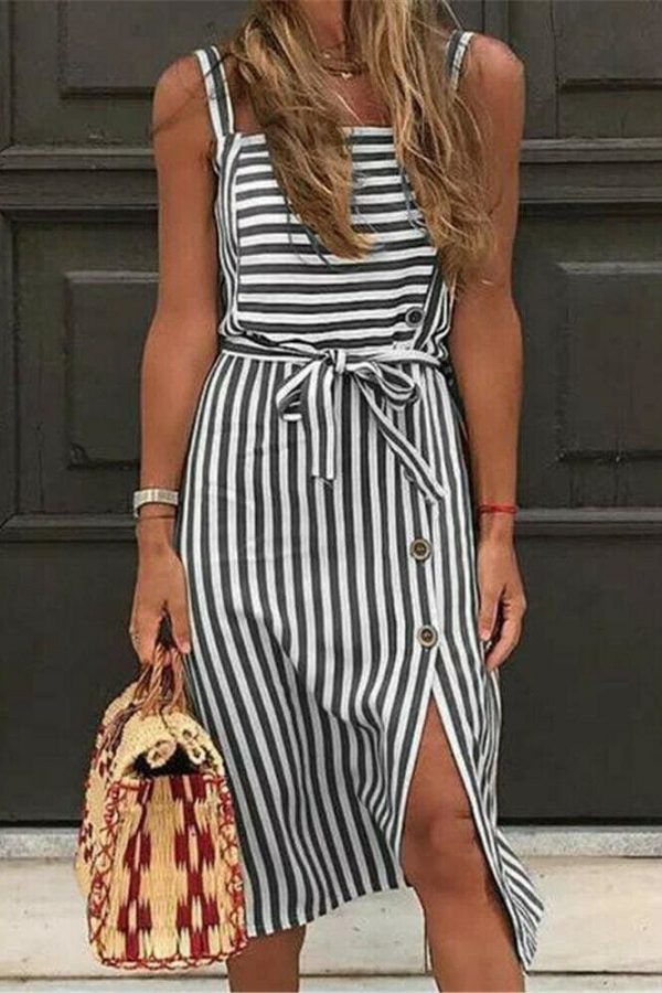 The Best Women Dress Striped Sundress Summer Holiday Beach Midi Dress Online - Takalr