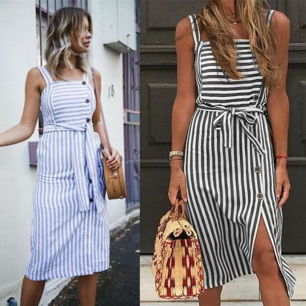 The Best Women Dress Striped Sundress Summer Holiday Beach Midi Dress Online - Takalr