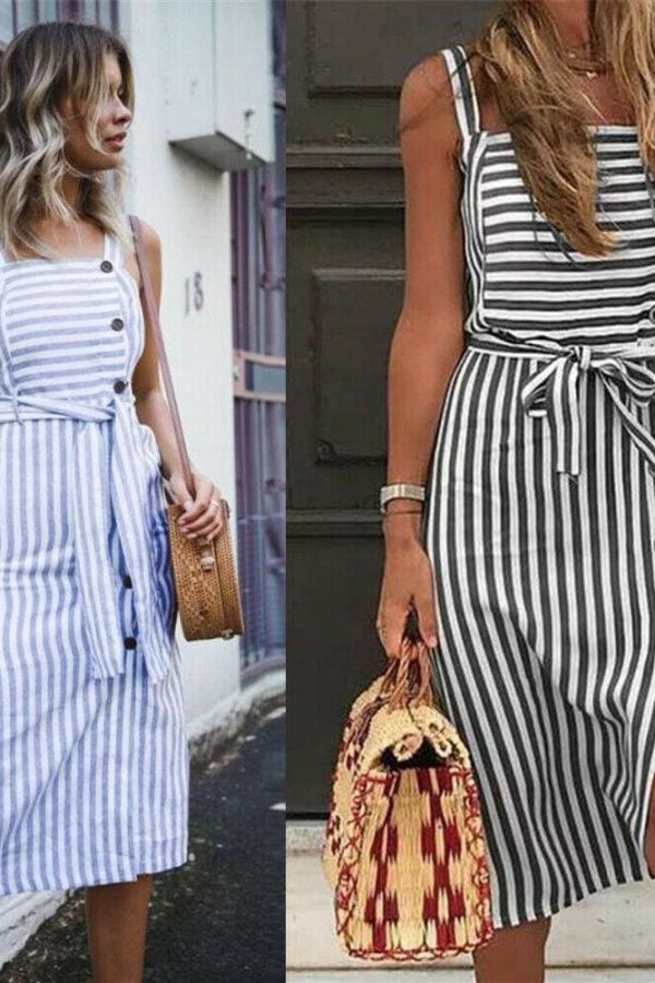 The Best Women Dress Striped Sundress Summer Holiday Beach Midi Dress Online - Takalr