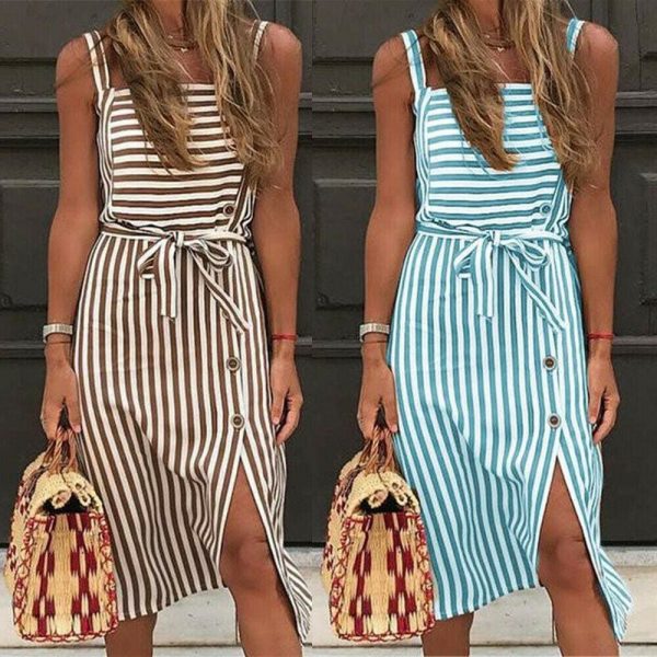 The Best Women Dress Striped Sundress Summer Holiday Beach Midi Dress Online - Takalr