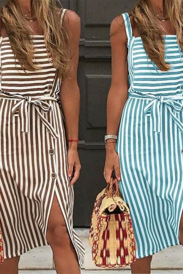 The Best Women Dress Striped Sundress Summer Holiday Beach Midi Dress Online - Takalr