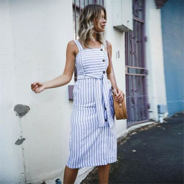 The Best Women Dress Striped Sundress Summer Holiday Beach Midi Dress Online - Takalr