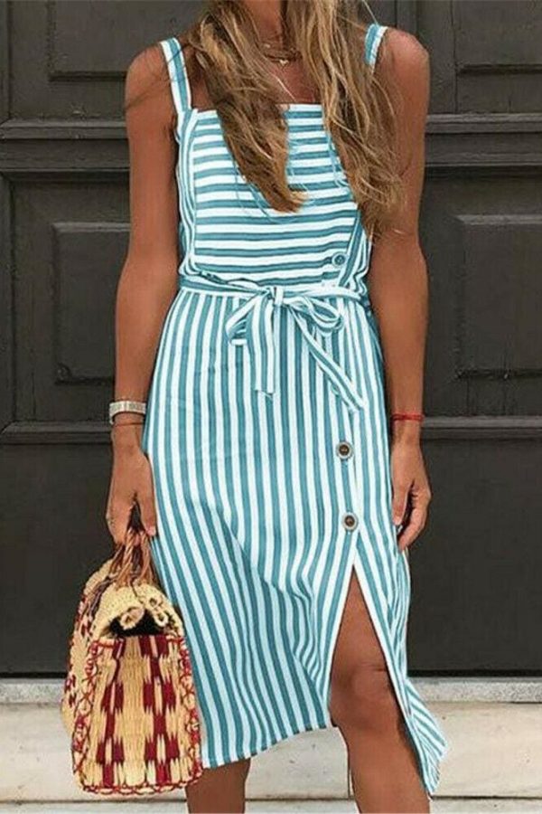 The Best Women Dress Striped Sundress Summer Holiday Beach Midi Dress Online - Takalr