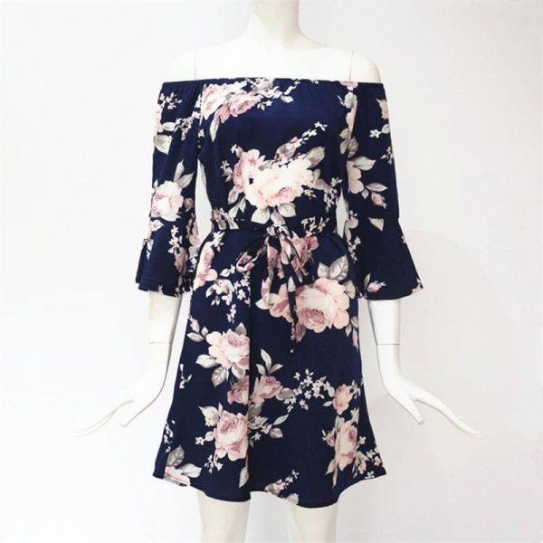 The Best Women Dress  Summer  Off Shoulder Floral Print Chiffon Dress Online - Source Silk