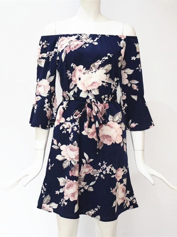 The Best Women Dress  Summer  Off Shoulder Floral Print Chiffon Dress Online - Source Silk