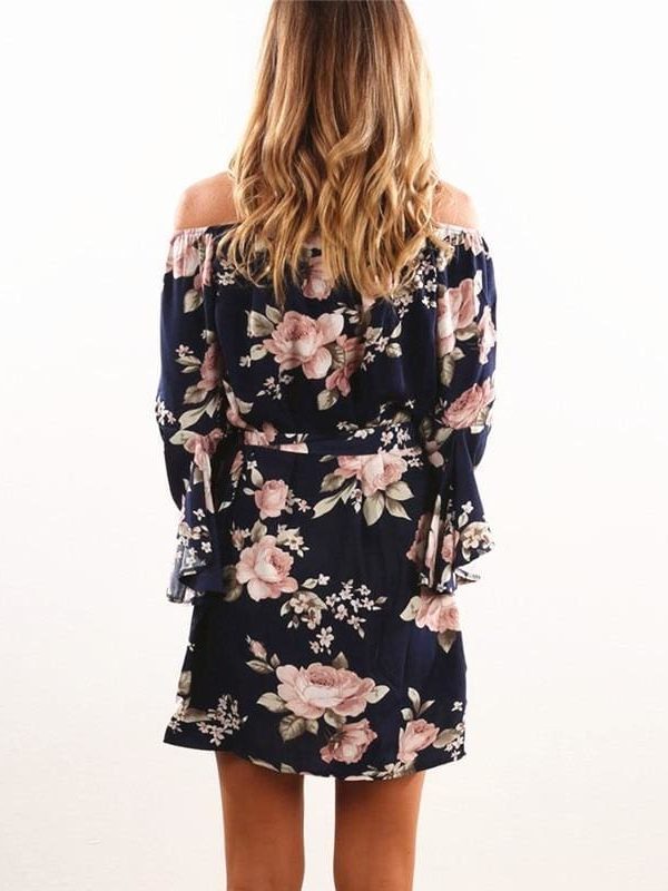 The Best Women Dress  Summer  Off Shoulder Floral Print Chiffon Dress Online - Source Silk