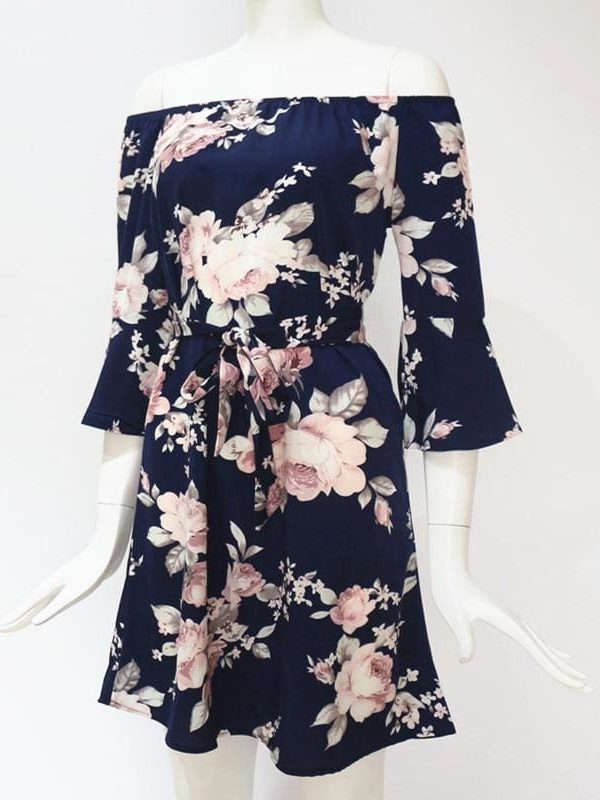 The Best Women Dress  Summer  Off Shoulder Floral Print Chiffon Dress Online - Source Silk