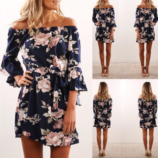 The Best Women Dress  Summer  Off Shoulder Floral Print Chiffon Dress Online - Source Silk