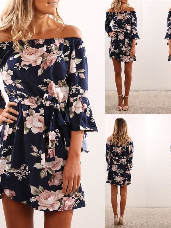 The Best Women Dress  Summer  Off Shoulder Floral Print Chiffon Dress Online - Source Silk