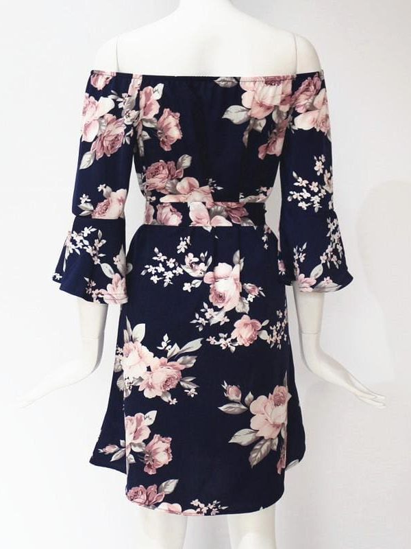 The Best Women Dress  Summer  Off Shoulder Floral Print Chiffon Dress Online - Source Silk