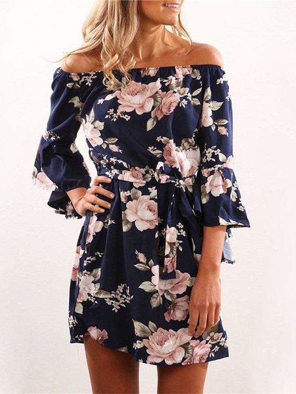 The Best Women Dress  Summer  Off Shoulder Floral Print Chiffon Dress Online - Source Silk