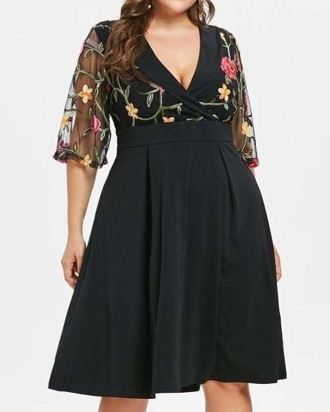 The Best Women Dress V Neck High Waist See Through Sleeves Vintage Plus Size Online - Source Silk