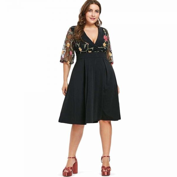 The Best Women Dress V Neck High Waist See Through Sleeves Vintage Plus Size Online - Source Silk