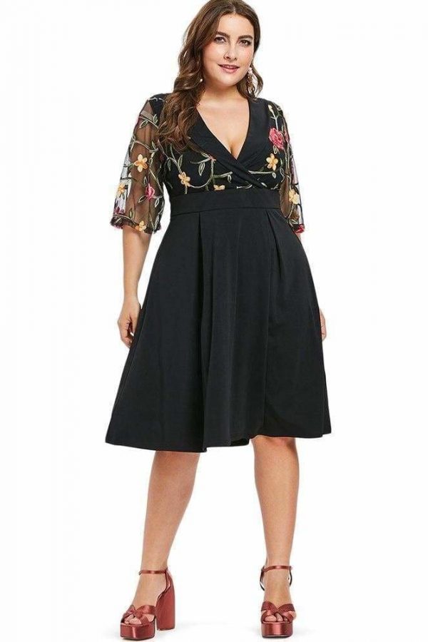 The Best Women Dress V Neck High Waist See Through Sleeves Vintage Plus Size Online - Source Silk