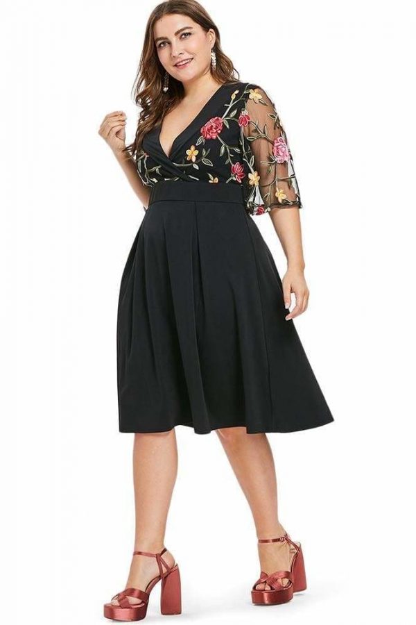 The Best Women Dress V Neck High Waist See Through Sleeves Vintage Plus Size Online - Source Silk