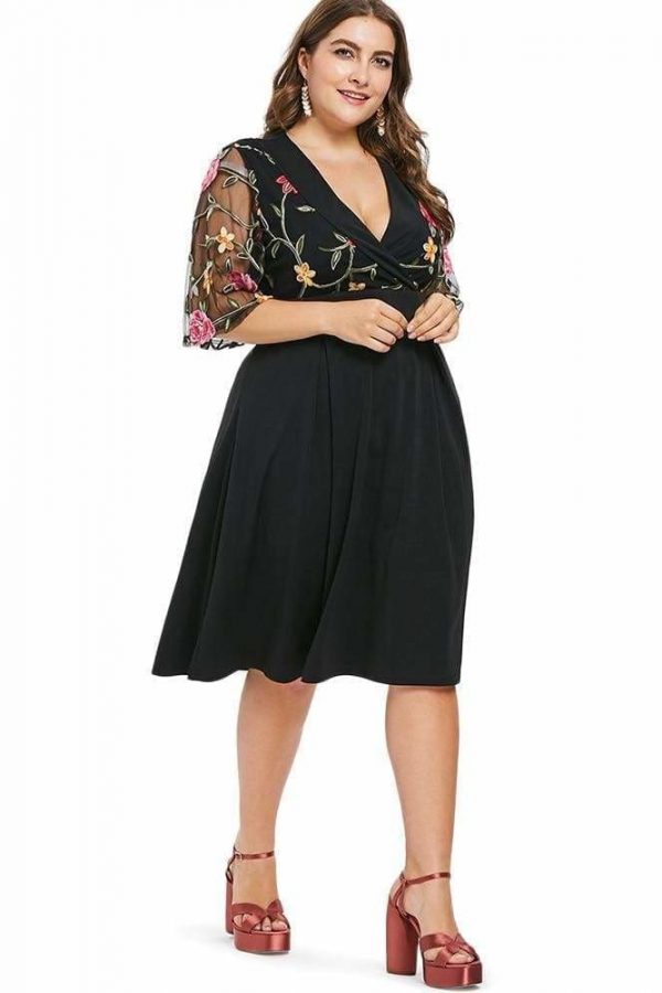 The Best Women Dress V Neck High Waist See Through Sleeves Vintage Plus Size Online - Source Silk