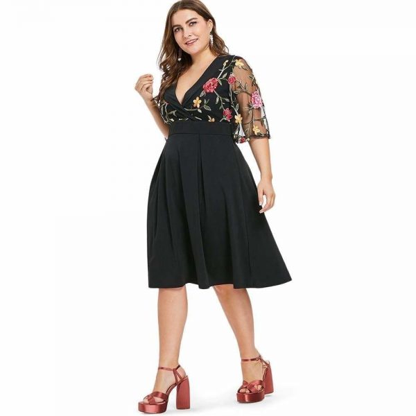 The Best Women Dress V Neck High Waist See Through Sleeves Vintage Plus Size Online - Source Silk