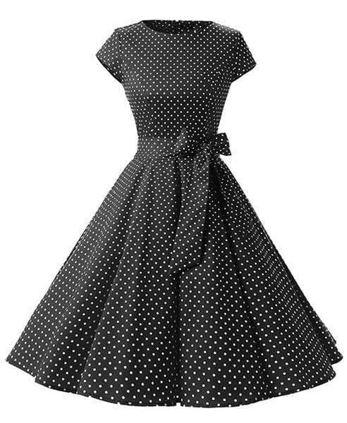 The Best Women Dress Vintage Printed Dot A-Line O-Neck Bow Sashes Online - Source Silk