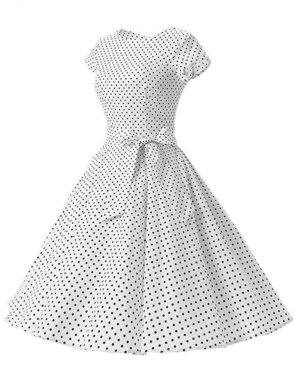 The Best Women Dress Vintage Printed Dot A-Line O-Neck Bow Sashes Online - Source Silk