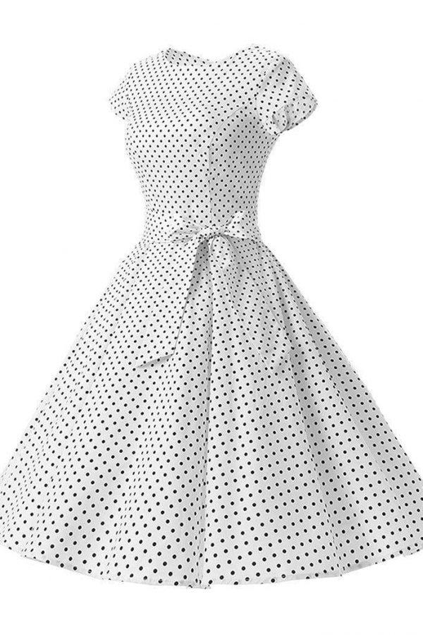 The Best Women Dress Vintage Printed Dot A-Line O-Neck Bow Sashes Online - Source Silk